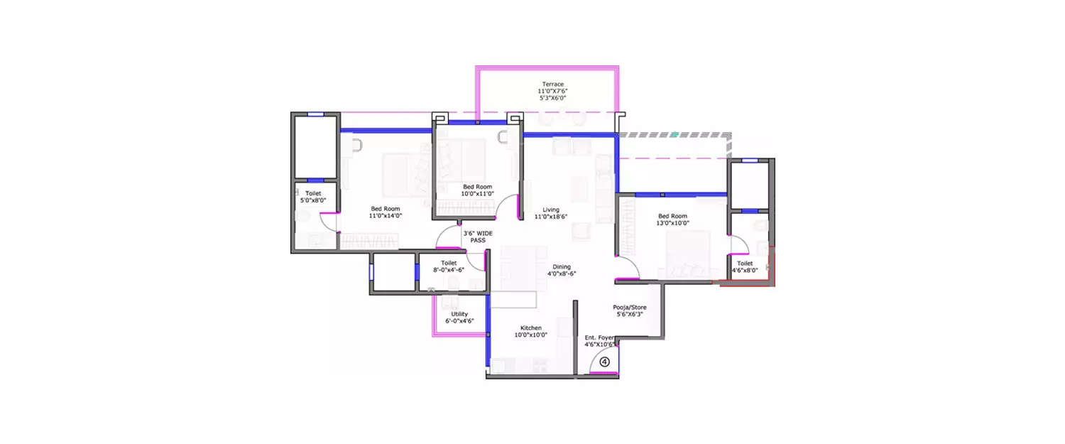 Floor plan for 3 BHK