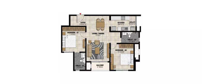 Prestige Park Square Begur - Floor plan 2 BHK 787 Sq.ft