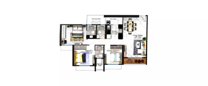 Shapoorji Sarova City Kandivali - Floor plan 3 BHK 1076 Sq.ft