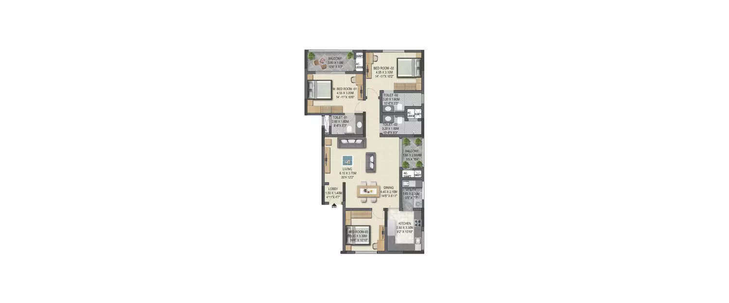 Floor plan for 3 BHK
