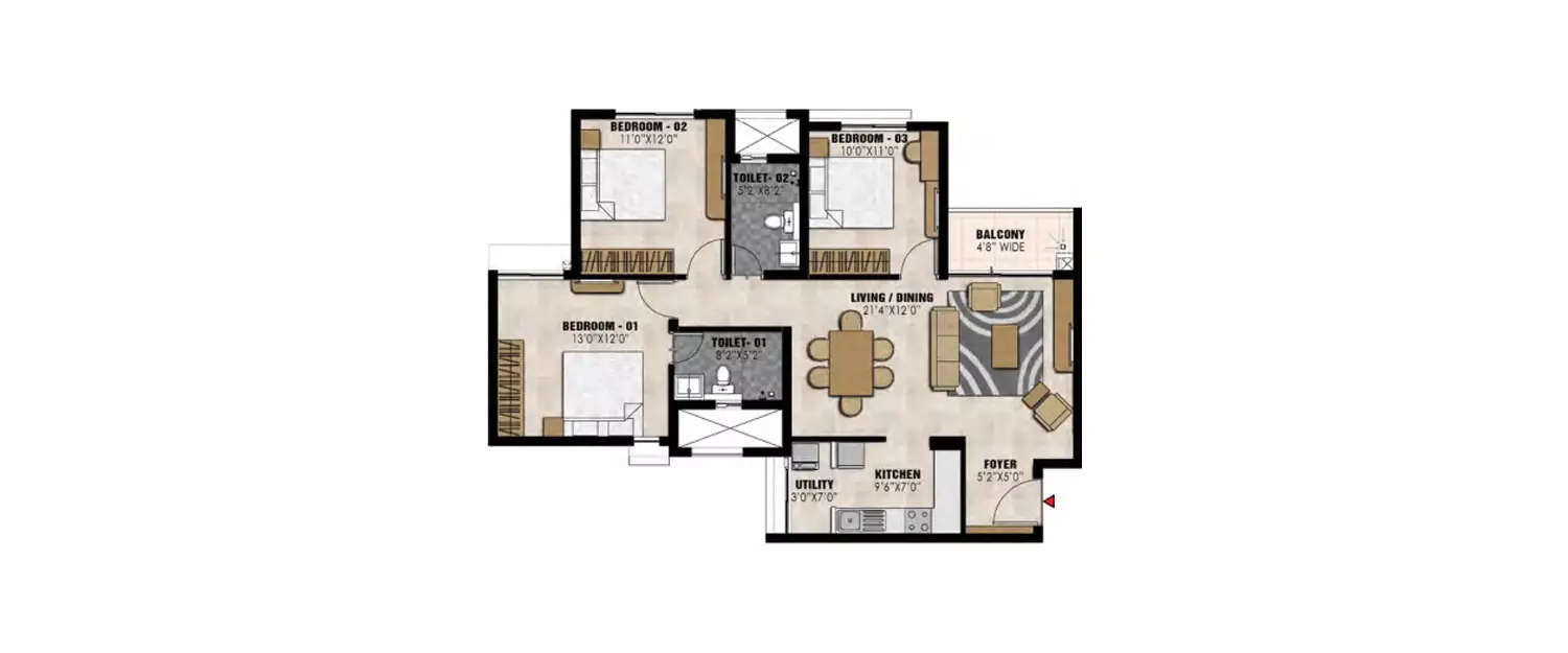 3 BHK Apartment 939 Sq.ft
