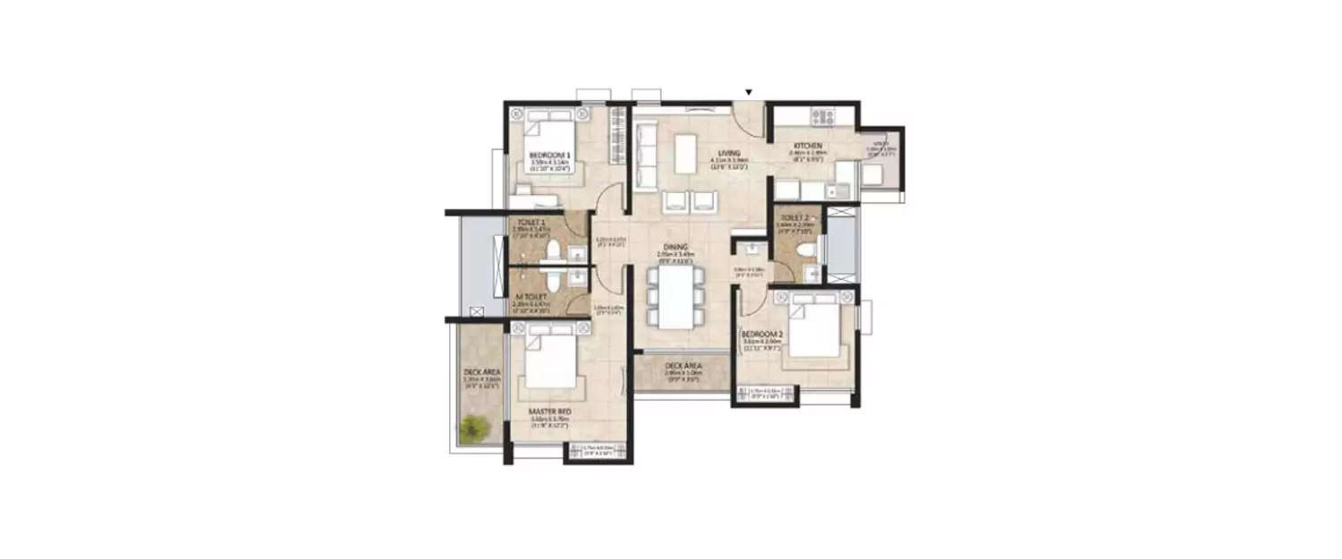 Floor plan for 3 BHK