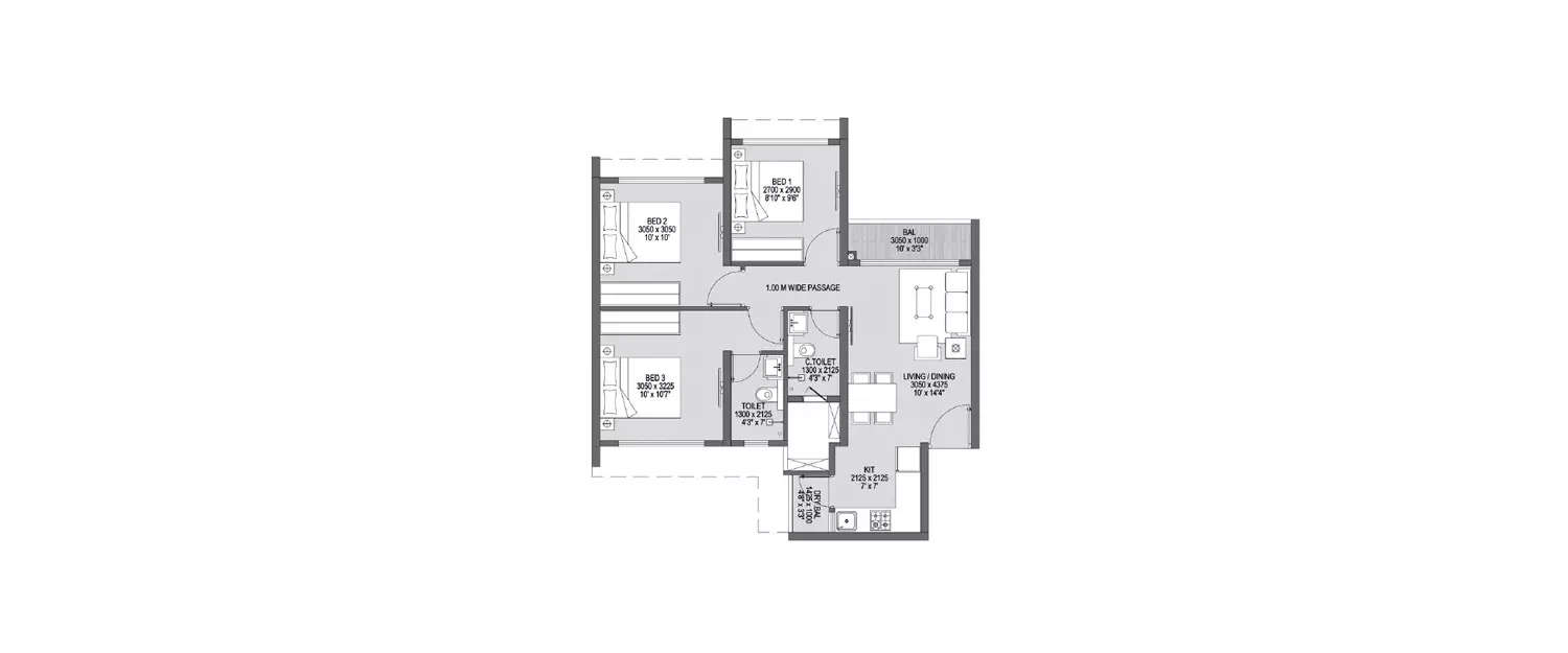 Floor plan for 3 BHK