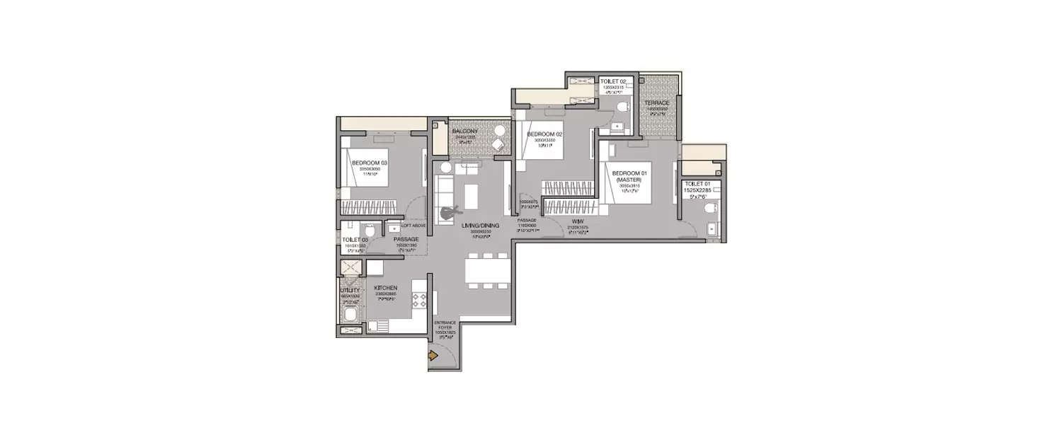 Floor plan for 3 BHK