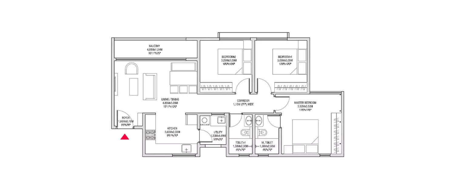 Floor plan for 3 BHK