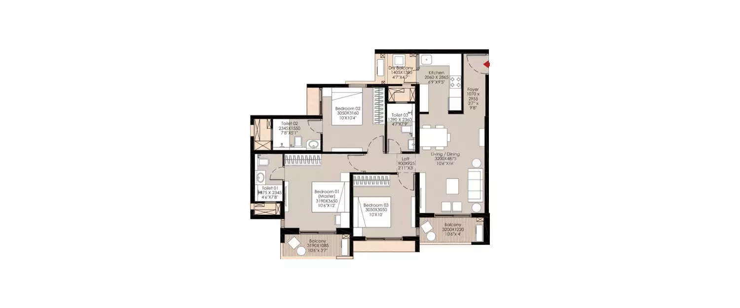 3 BHK Apartment 900 Sq.ft