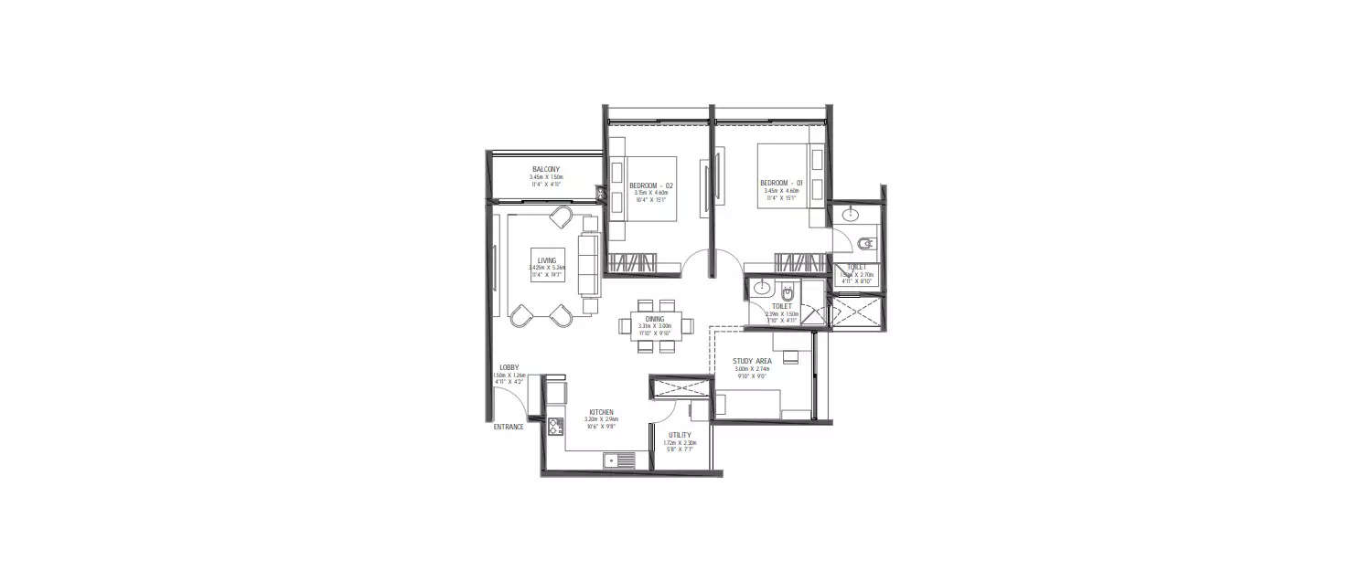 Floor plan for 3 BHK