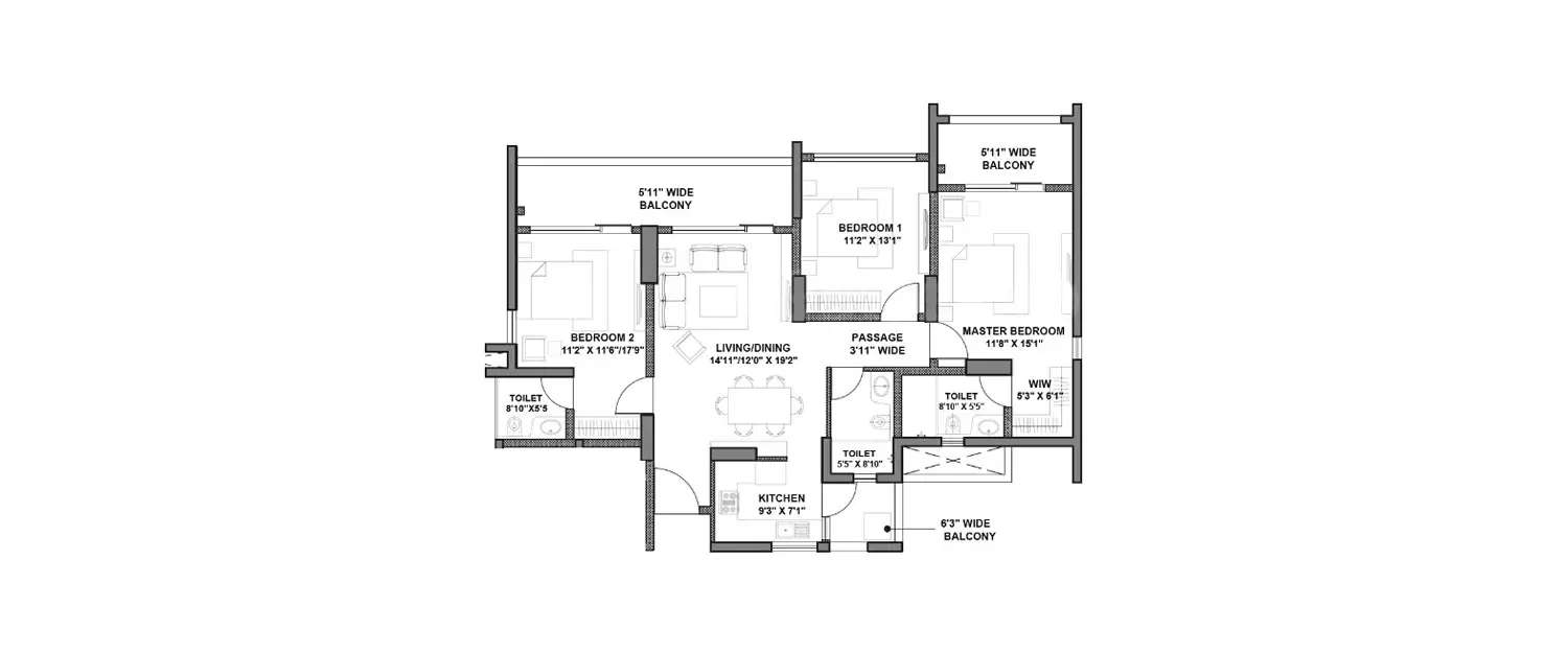 Floor plan for 3 BHK