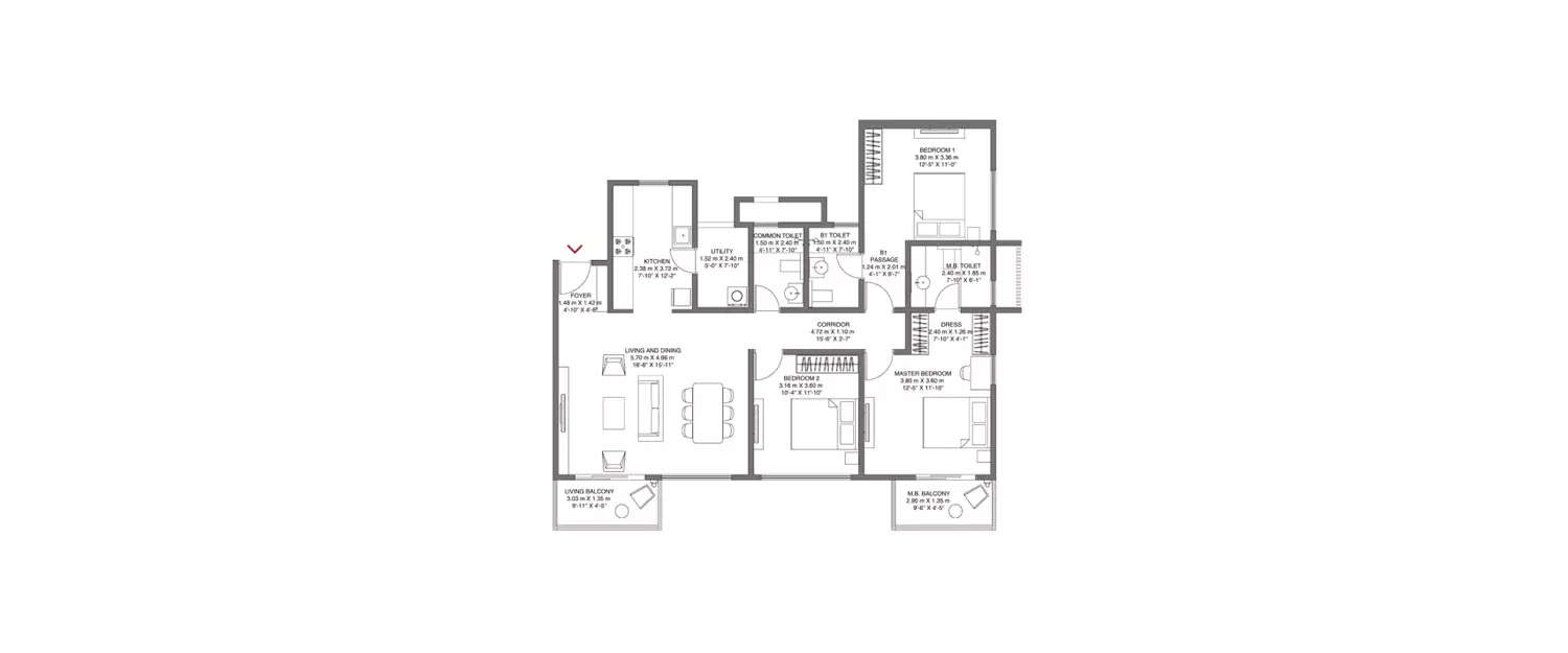 Floor plan for 3 BHK