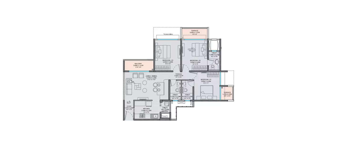 3 BHK Apartment 952 Sq.ft