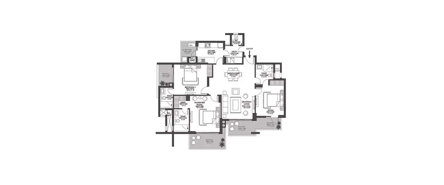 Floor plan for 3 BHK