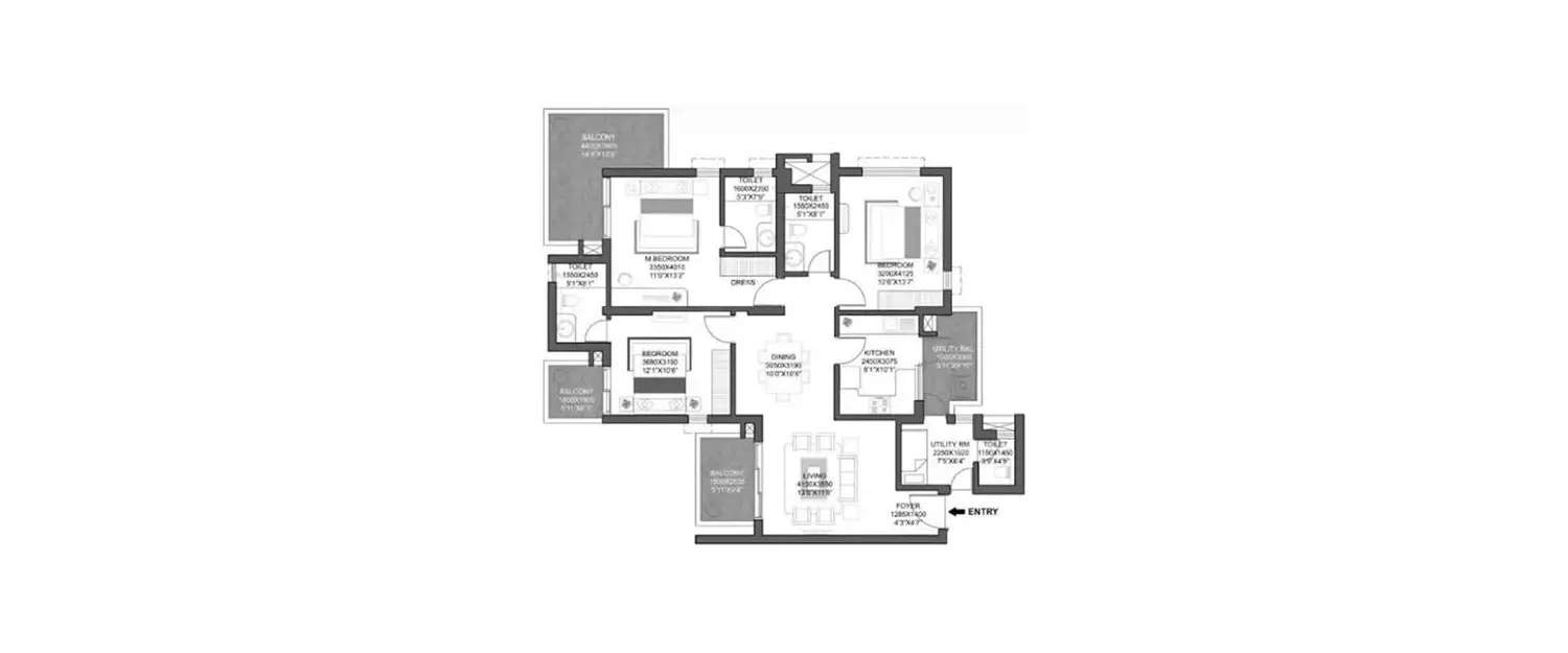 Floor plan for 3 BHK