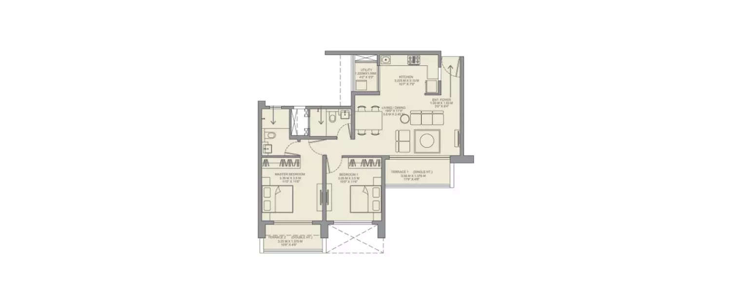Floor plan for 2 BHK