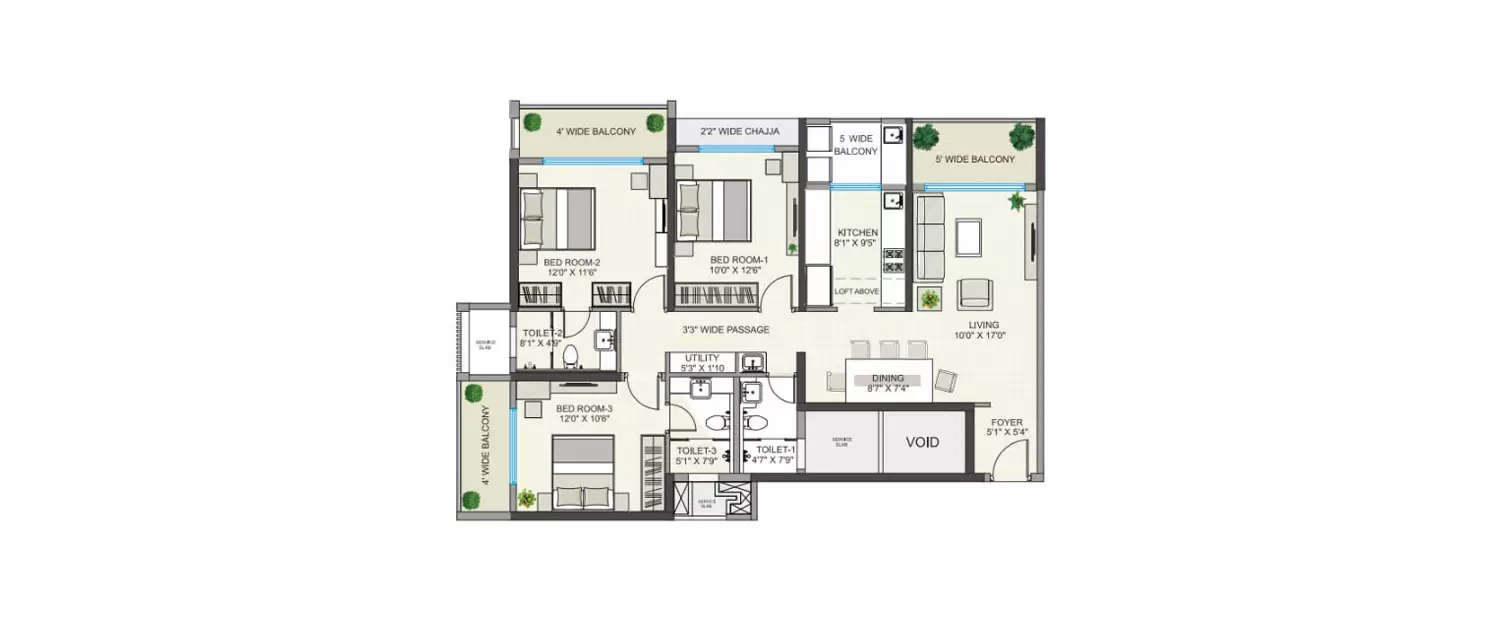 Floor plan for 3 BHK