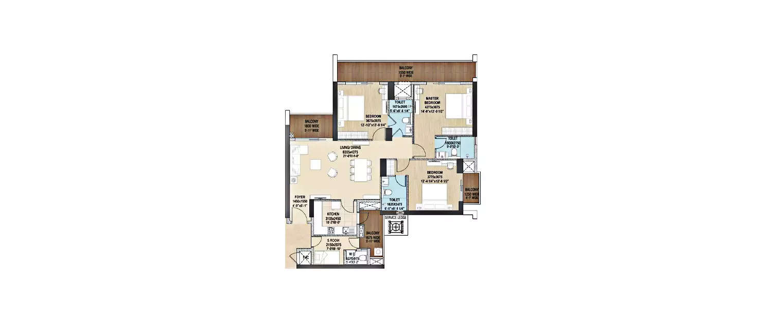 Floor plan for 3 BHK