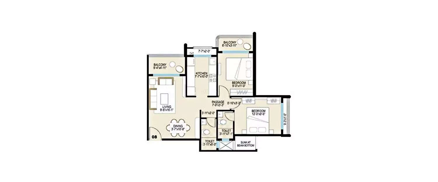 Floor plan for 2 BHK