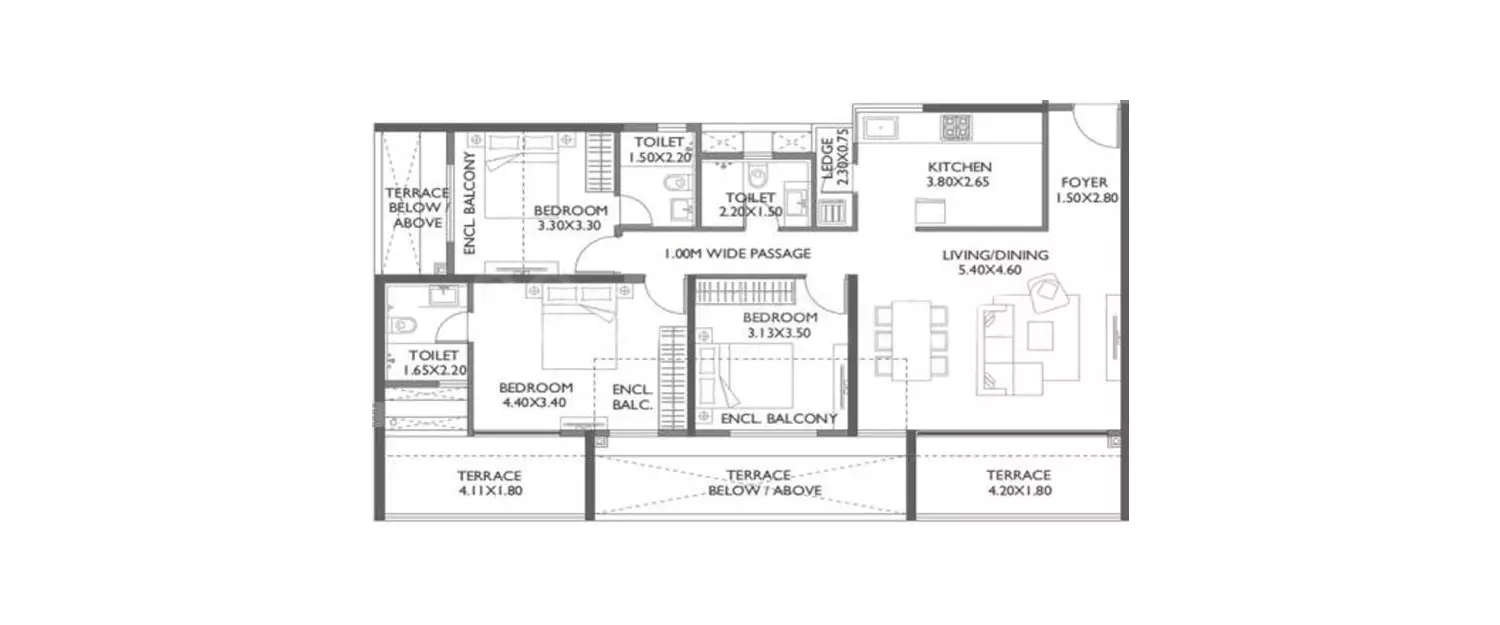 Floor plan for 3 BHK