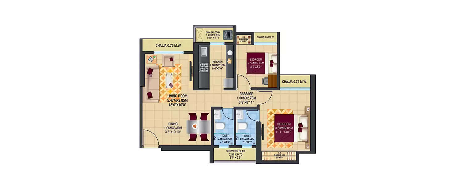 2 BHK Apartment 625 Sq.ft