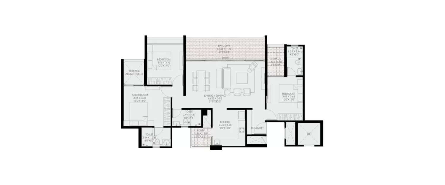 Floor plan for 3 BHK