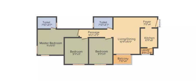 Provident Rays of Dawn Electronic City - Floor plan 3 BHK 1082 Sq.ft