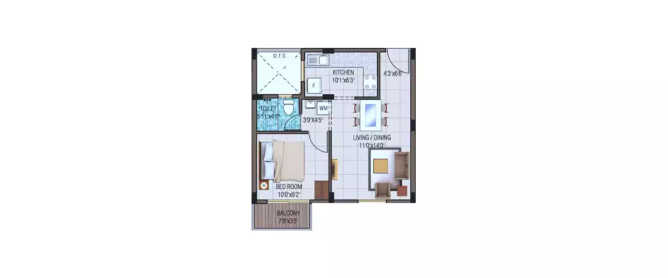Alliance Garden Front Thaiyur - Floor plan 1 BHK 606 Sq.ft