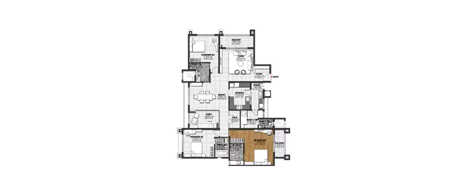 Floor plan for 3 BHK