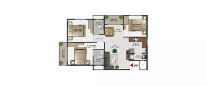 Sowparnika Olivia Nest Sarjapura - Floor plan 3 BHK 1130 Sq.ft