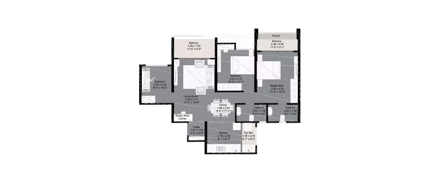 Floor plan for 3 BHK