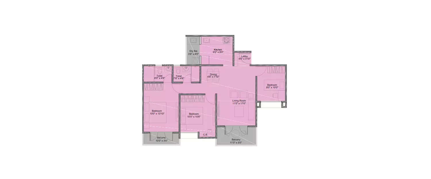 Floor plan for 3 BHK