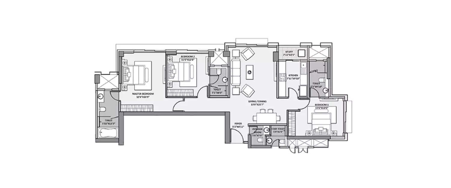 Floor plan for 3 BHK