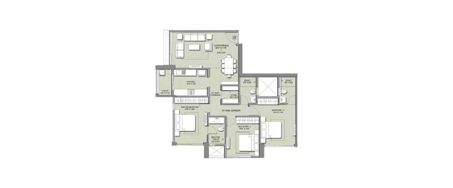 Floor plan for 3 BHK