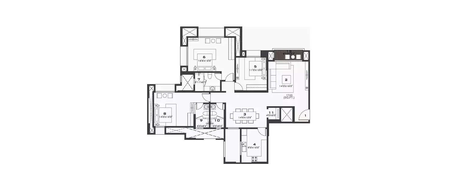 Floor plan for 3 BHK