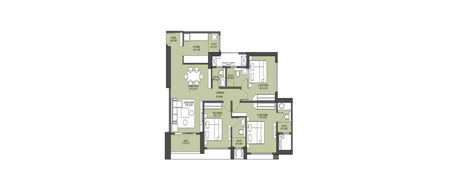 Floor plan for 3 BHK