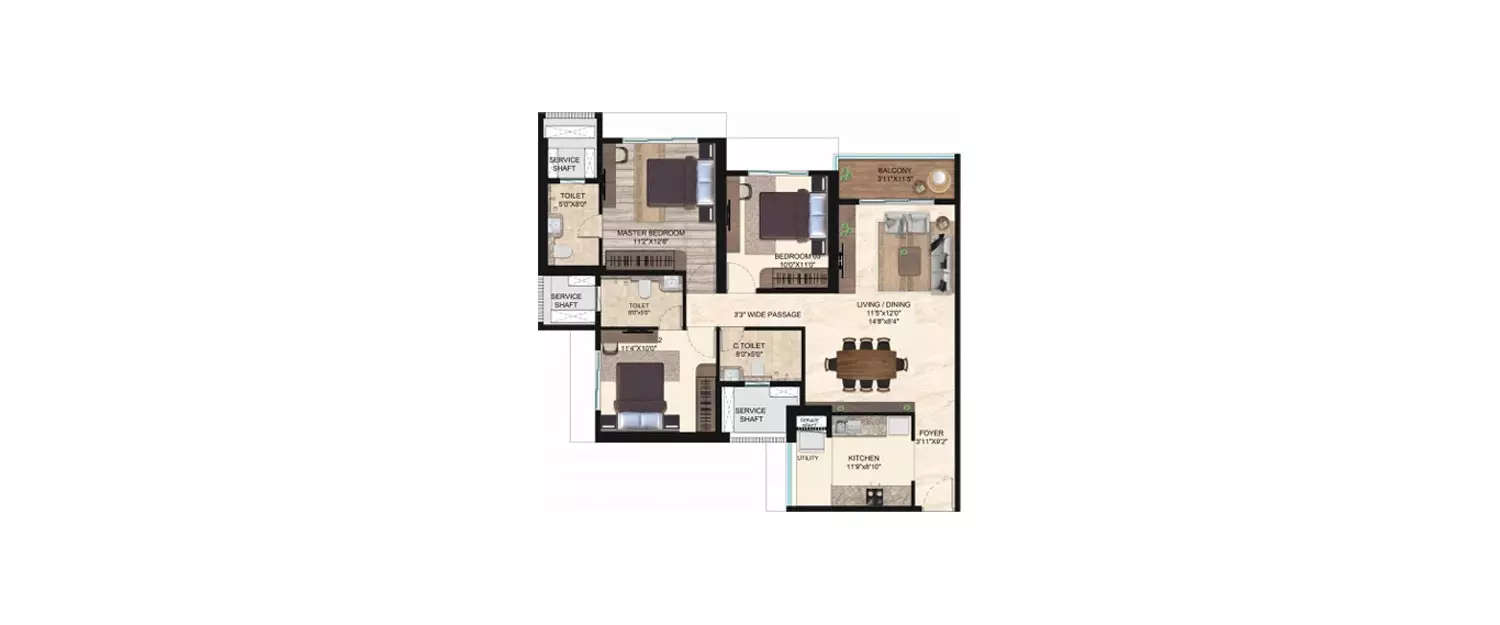 Floor plan for 3 BHK