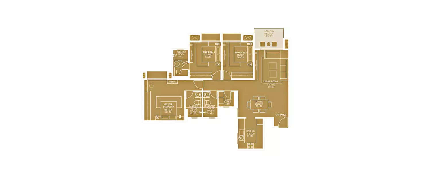 Floor plan for 3 BHK