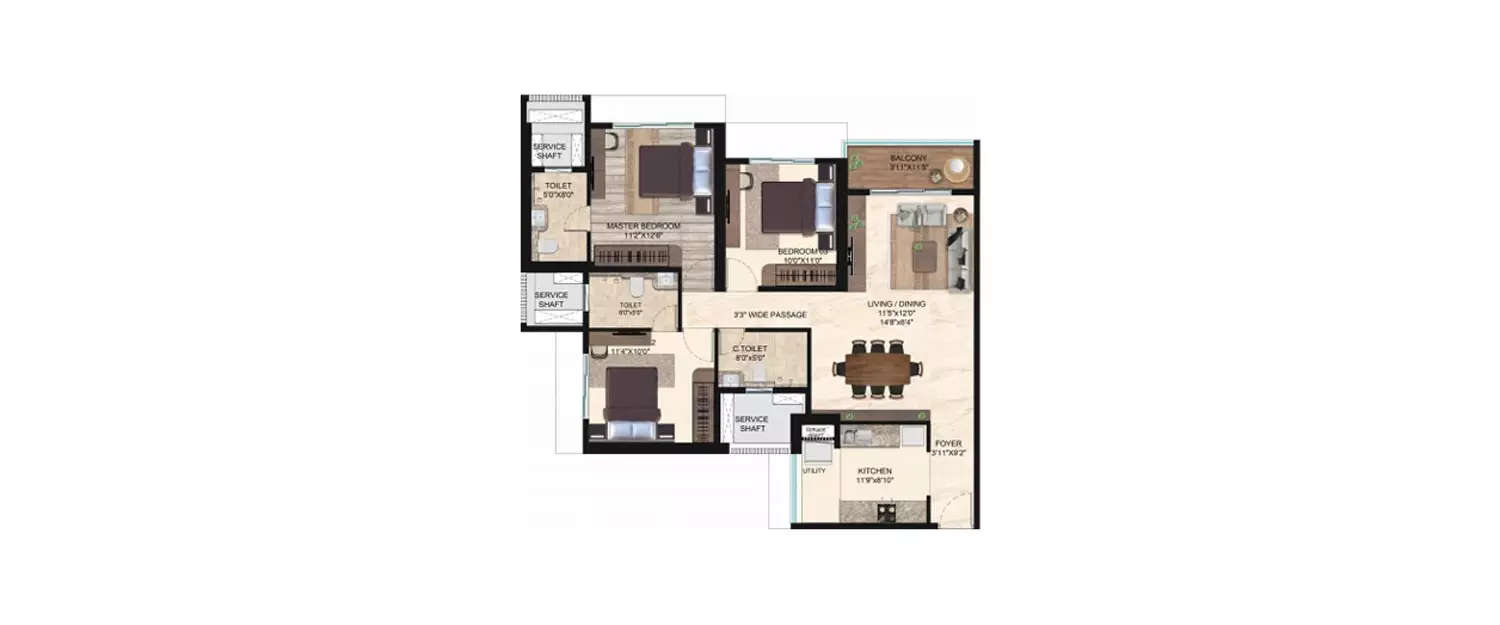 Floor plan for 3 BHK