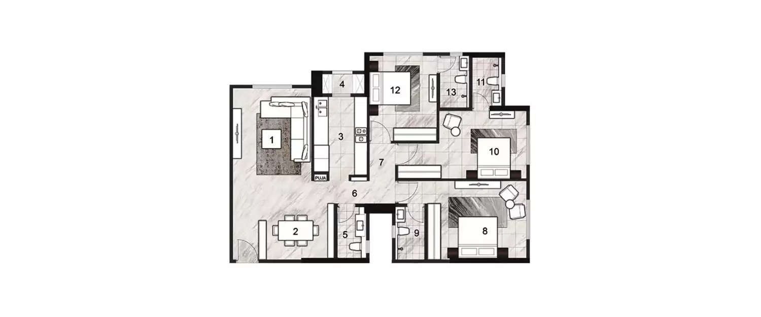 Floor plan for 3 BHK