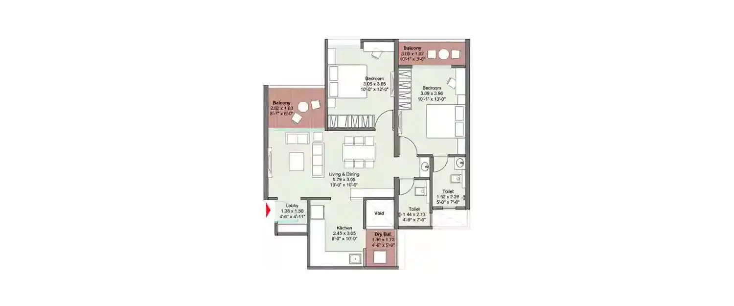 Floor plan for 2 BHK