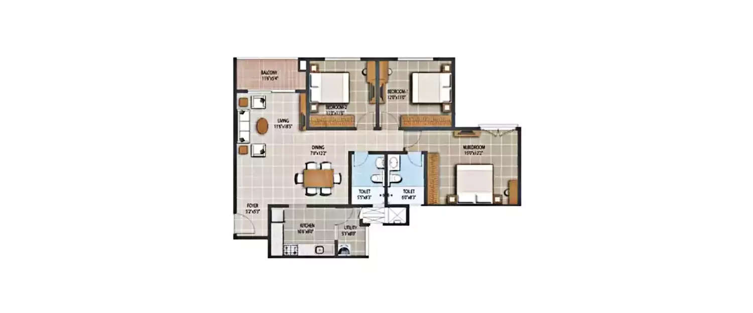 Floor plan for 3 BHK