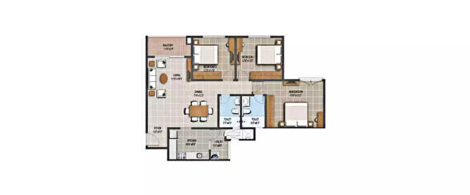Purva Palm Beach Kyalasanahalli - Floor plan 3 BHK 1482 Sq.ft