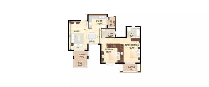 Purva Scarlet Terraces Anjanapura - Floor plan 2 BHK 1340 Sq.ft
