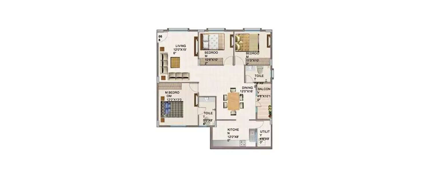 Floor plan for 3 BHK