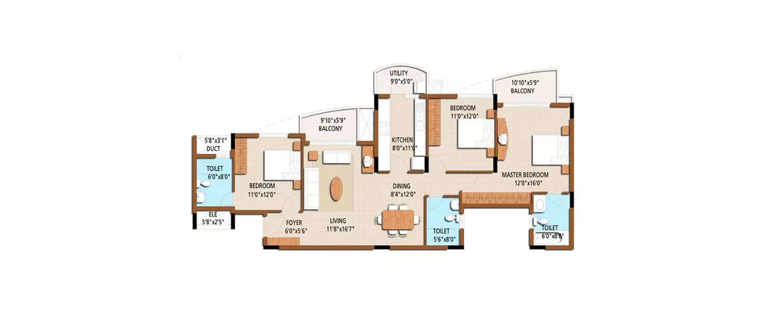 Floor plan for 3 BHK