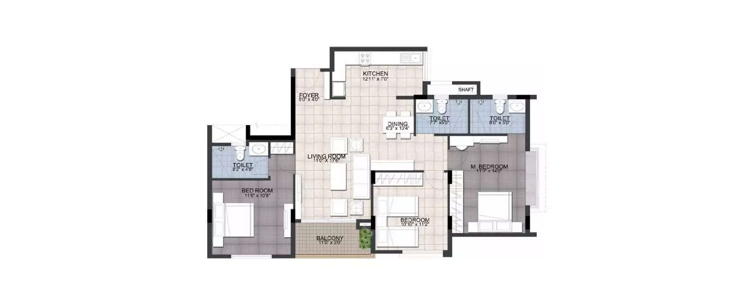 Floor plan for 3 BHK