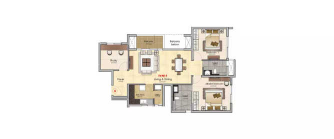Prestige MSR Mathikere - Floor plan 2.5 BHK 942 Sq.ft