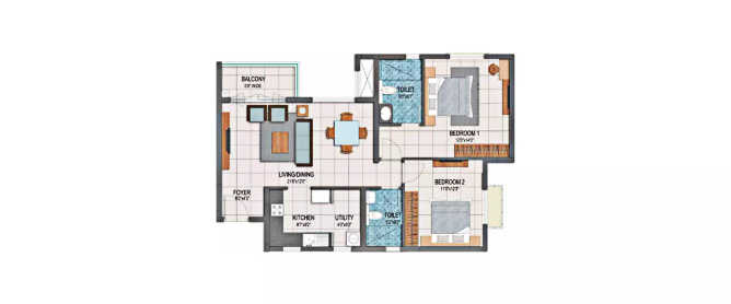 Prestige Dolce Vita Whitefield - Floor plan 2 BHK 865 Sq.ft