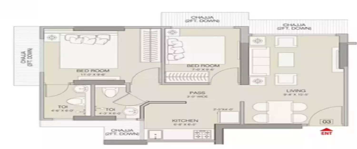 Floor plan for 2 BHK