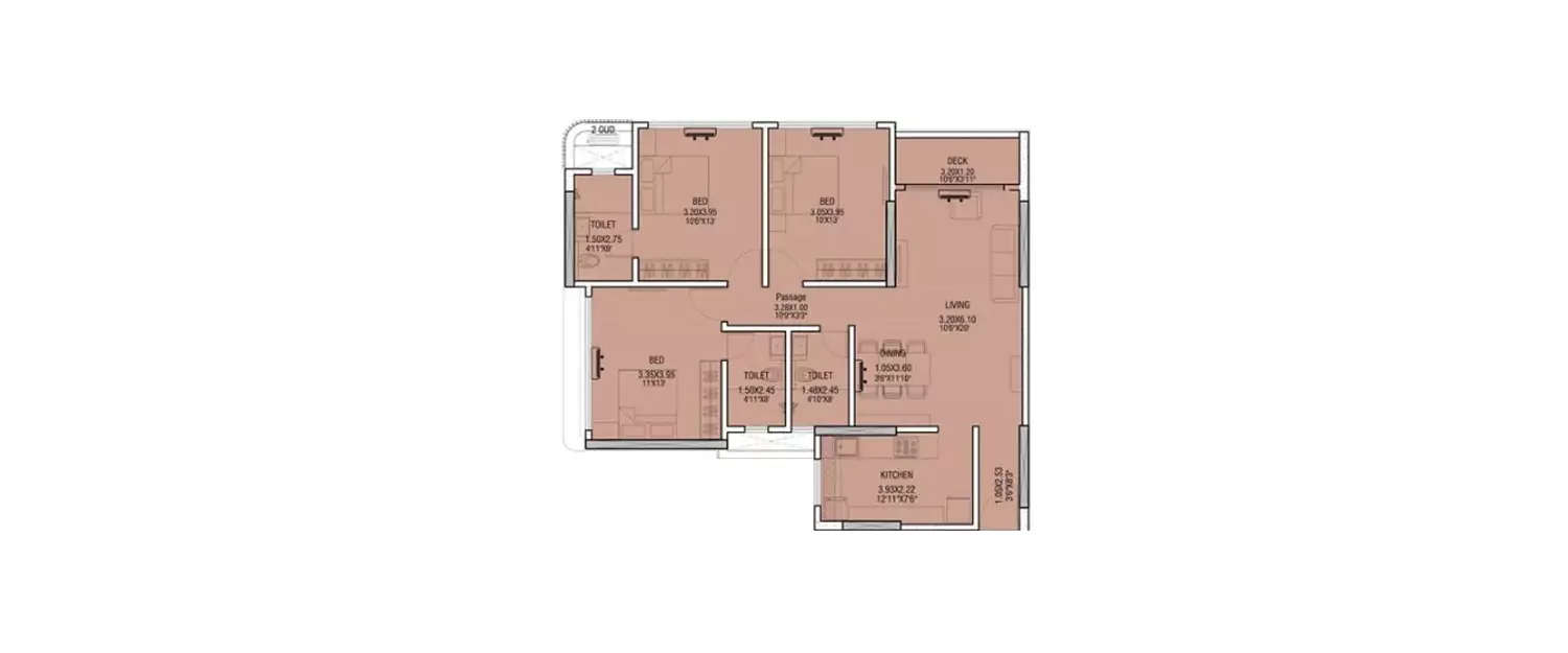Floor plan for 3 BHK