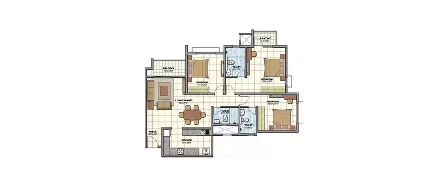 Floor plan for 3 BHK