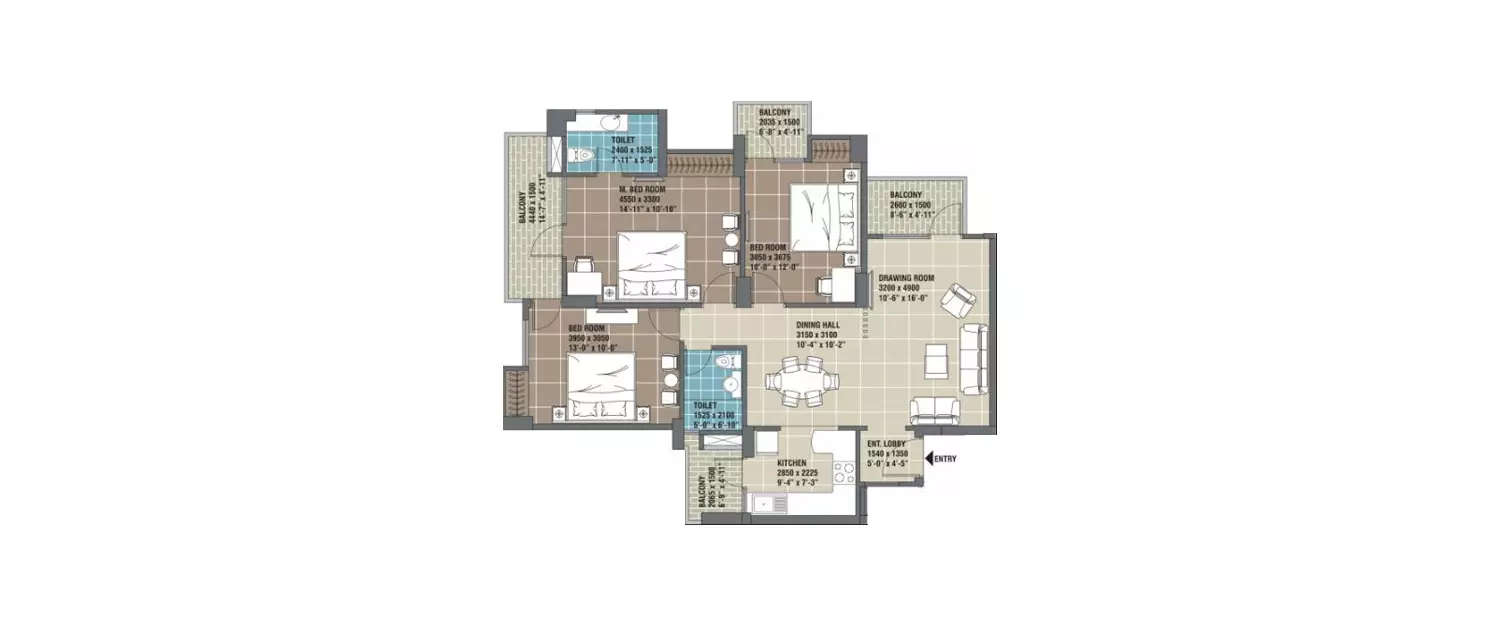 Floor plan for 3 BHK